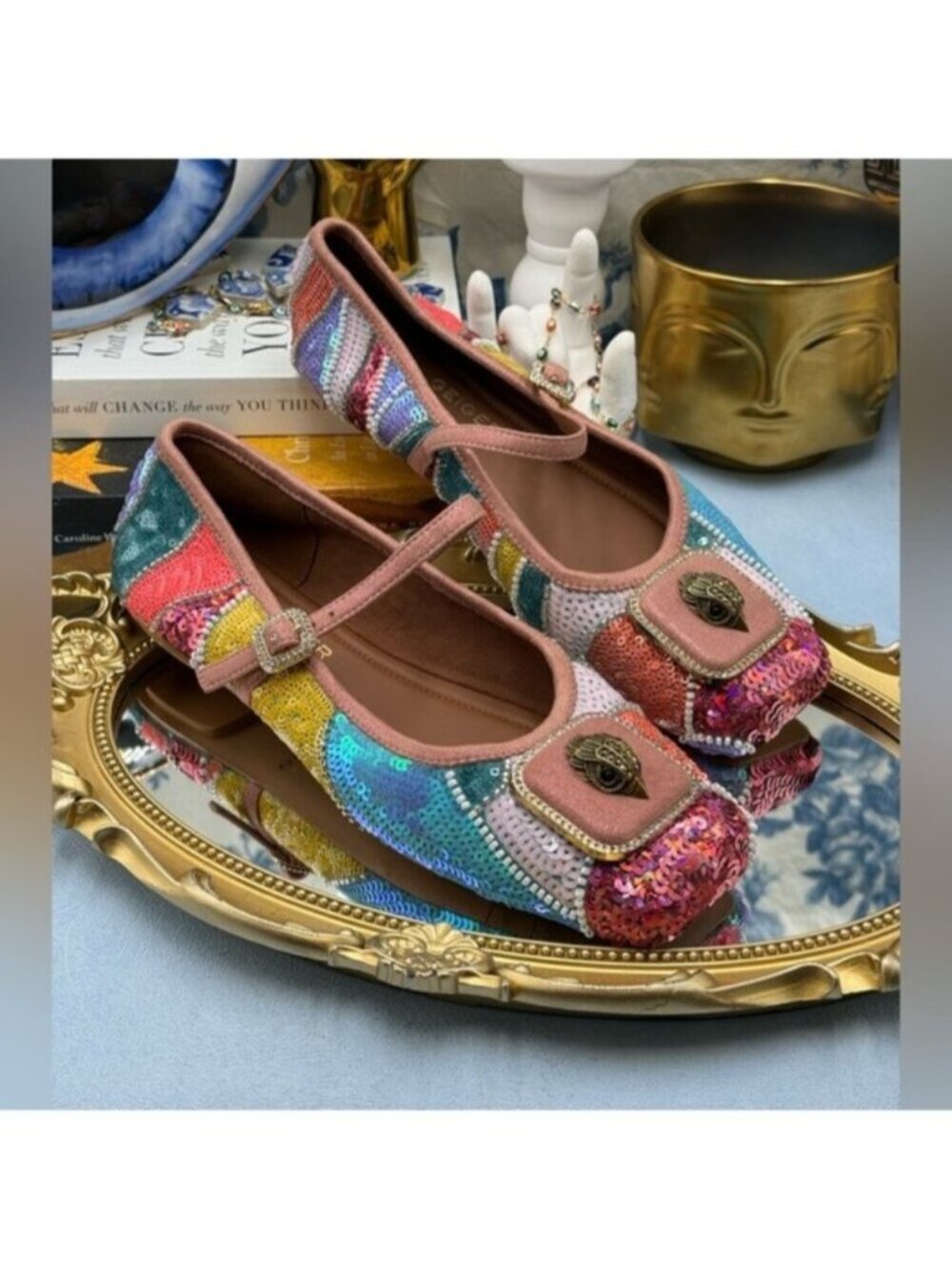 🆕 KURT GEIGER LONDON 🧿 NWOB Pimlico Sequin Mary Jane Ballet Flats - Sz 37 US 7